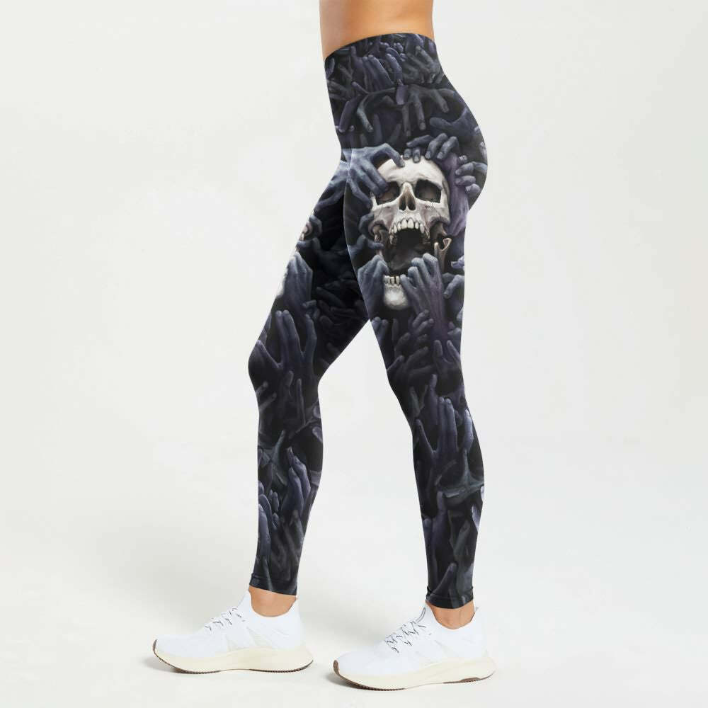 Y2K Grunge High Waist Leggings - Enigmatic Skull & Hands, 90s Retro, Gothic Y2K Fashion