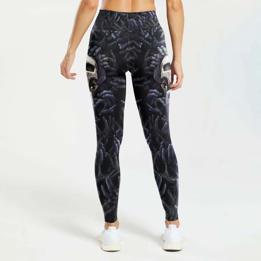 Y2K Grunge High Waist Leggings - Enigmatic Skull & Hands, 90s Retro, Gothic Y2K Fashion