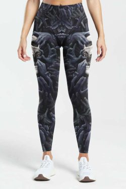Y2K Grunge High Waist Leggings - Enigmatic Skull & Hands, 90s Retro, Gothic Y2K Fashion