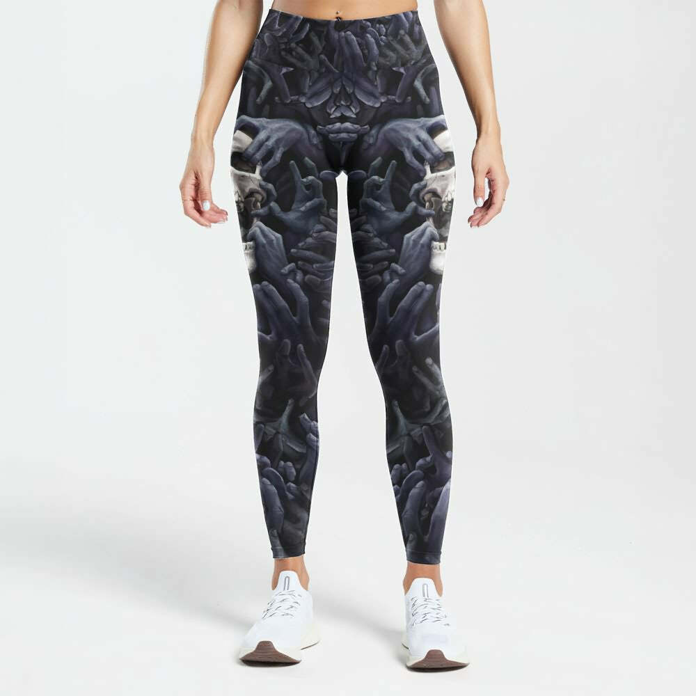 Y2K Grunge High Waist Leggings - Enigmatic Skull & Hands, 90s Retro, Gothic Y2K Fashion