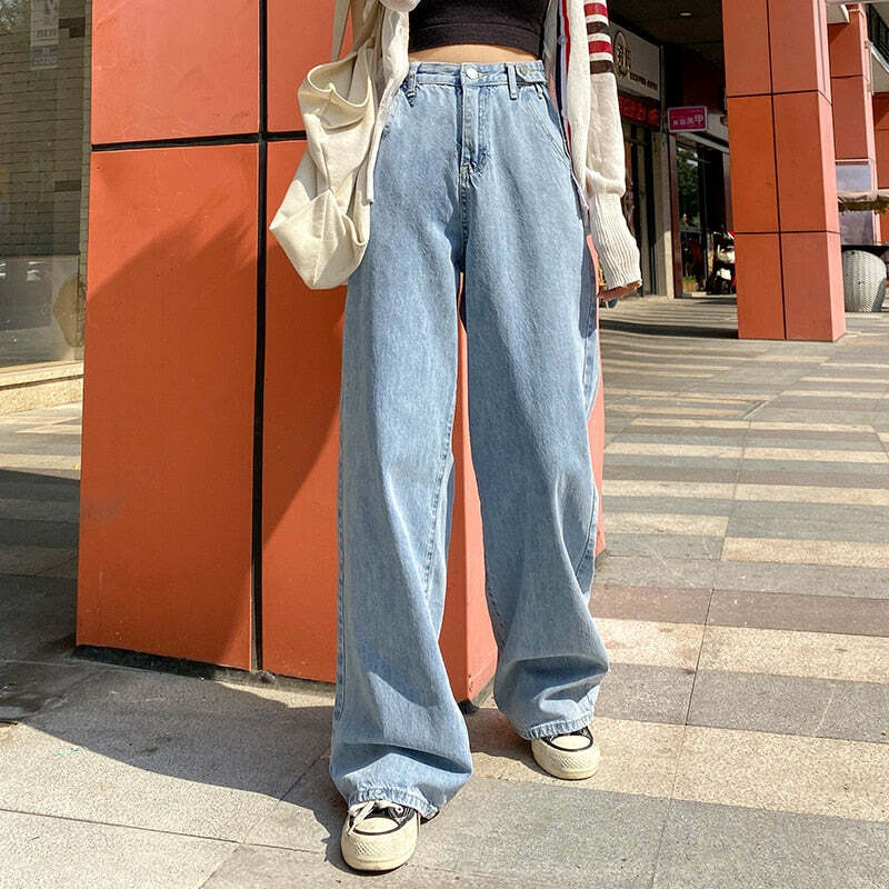 Y2K Grunge High Waist Wide Leg Denim Pants - 90s Retro Summer Outfit, Y2K Fashion Essentials