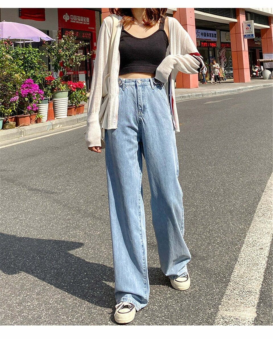 Y2K Grunge High Waist Wide Leg Denim Pants - 90s Retro Summer Outfit, Y2K Fashion Essentials