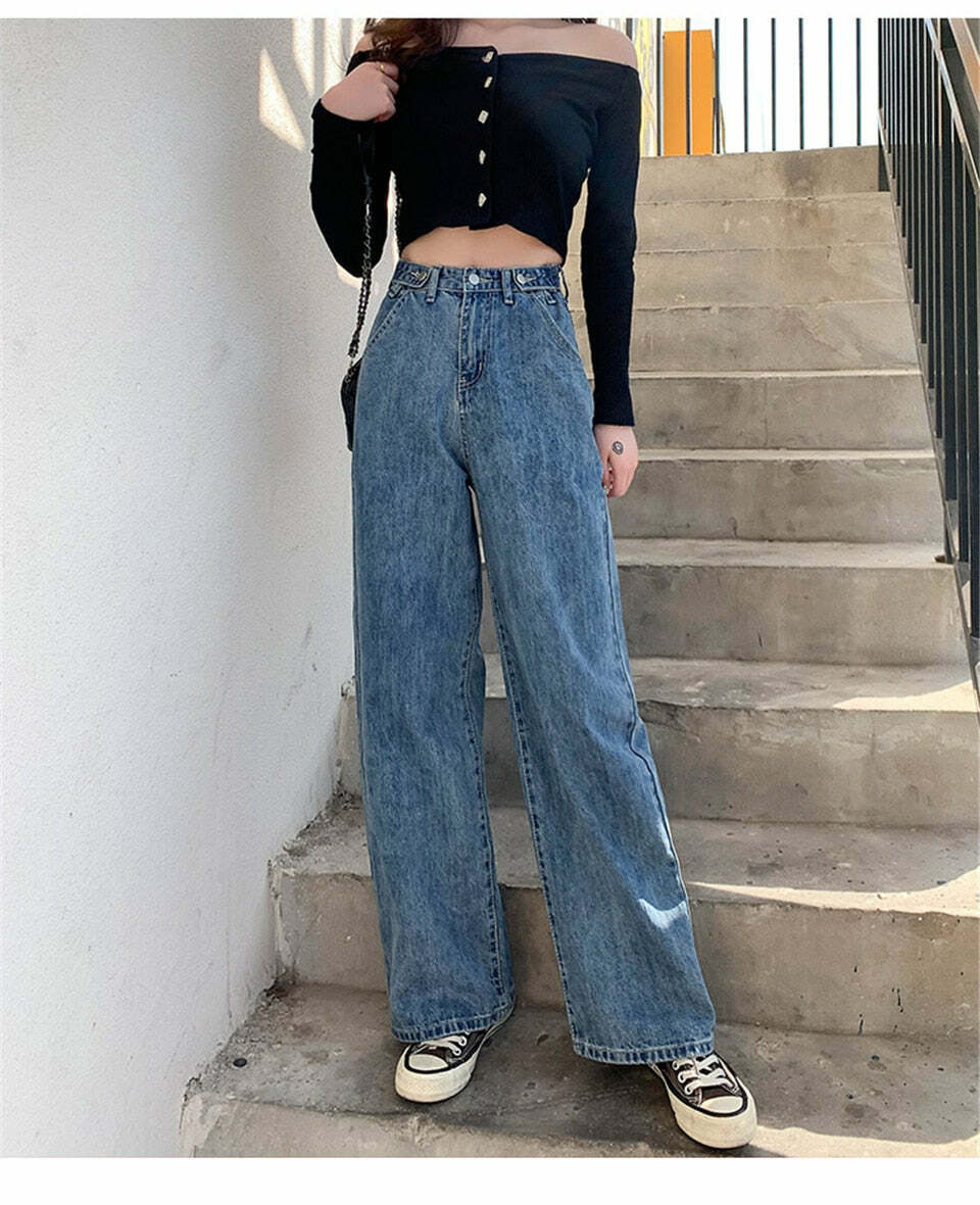 Y2K Grunge High Waist Wide Leg Denim Pants - 90s Retro Summer Outfit, Y2K Fashion Essentials