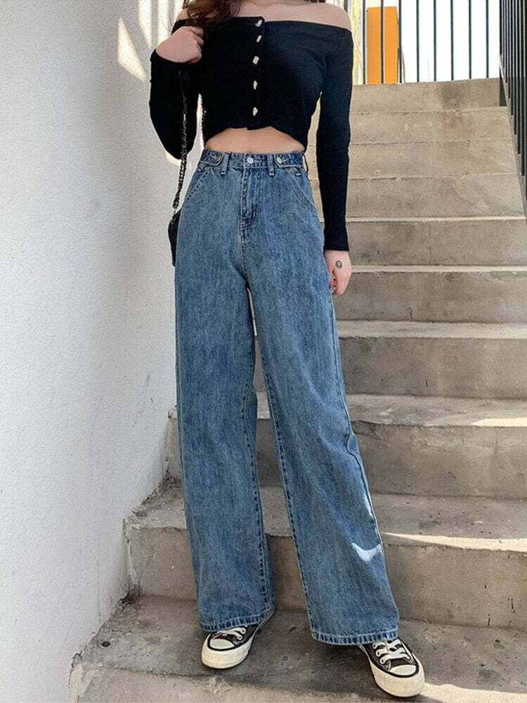 Y2K Grunge High Waist Wide Leg Denim Pants - 90s Retro Summer Outfit, Y2K Fashion Essentials