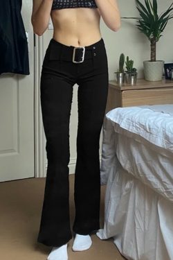 Y2K Grunge High Waisted Slim Fit Trousers with Belt - Retro 90s Goth Fashion
