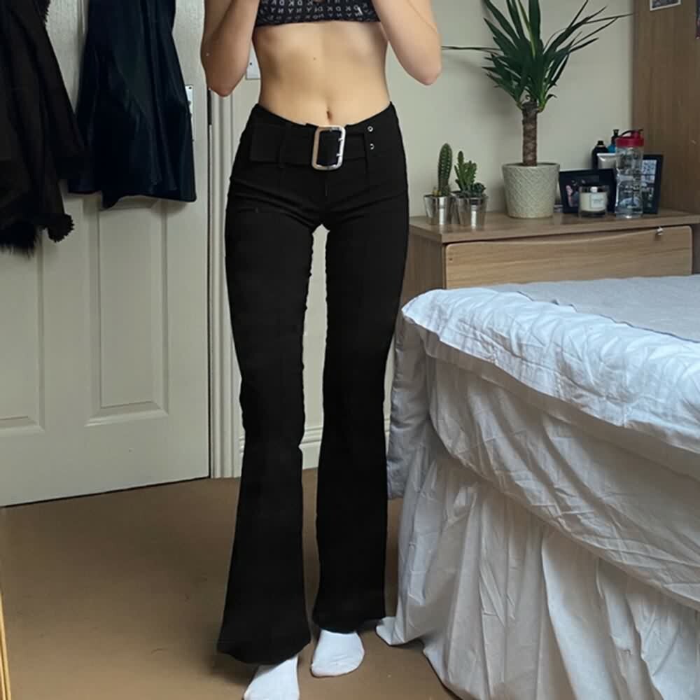 Y2K Grunge High Waisted Slim Fit Trousers with Belt - Retro 90s Goth Fashion