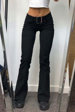 Y2K Grunge High Waisted Slim Fit Trousers with Belt - Retro 90s Goth Fashion
