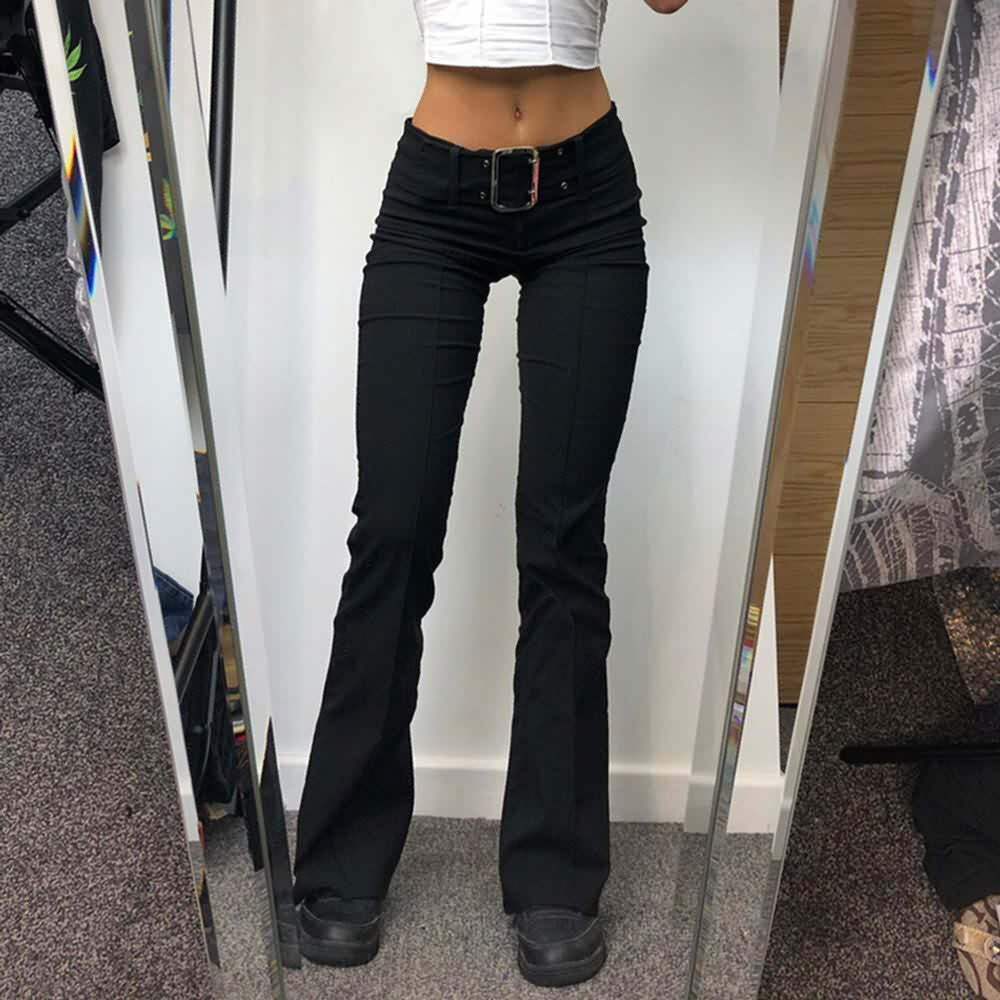 Y2K Grunge High Waisted Slim Fit Trousers with Belt - Retro 90s Goth Fashion