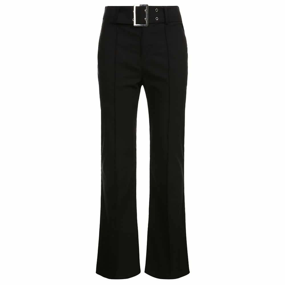 Y2K Grunge High Waisted Slim Fit Trousers with Belt - Retro 90s Goth Fashion