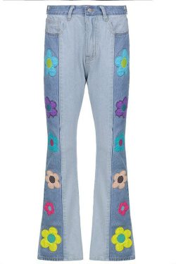 Y2K Grunge Hippie Flower Patch Flare Jeans - Retro 90s Summer Outfit for Women
