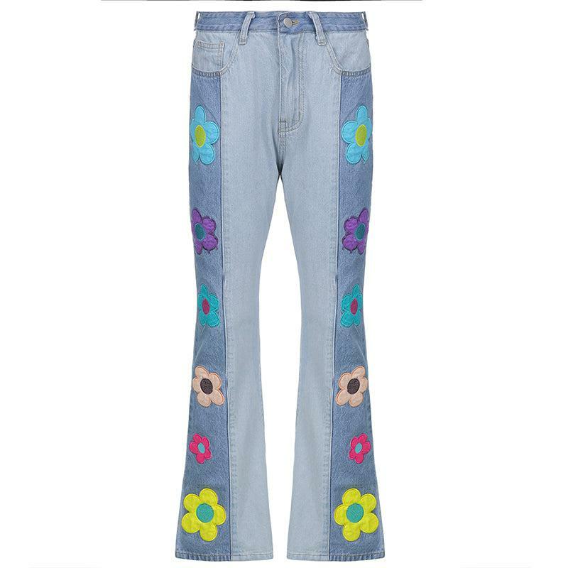 Y2K Grunge Hippie Flower Patch Flare Jeans - Retro 90s Summer Outfit for Women