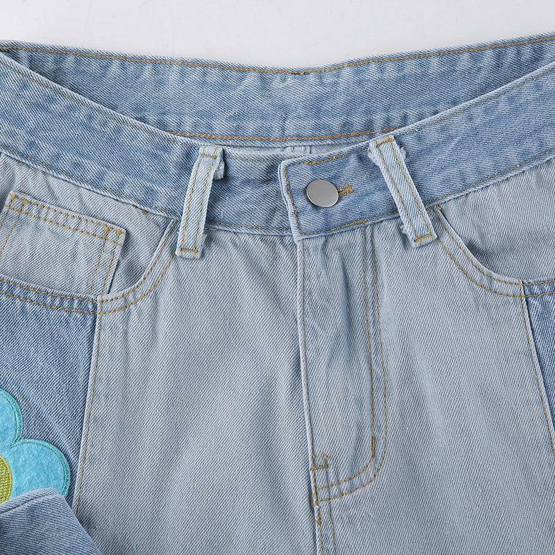Y2K Grunge Hippie Flower Patch Flare Jeans - Retro 90s Summer Outfit for Women