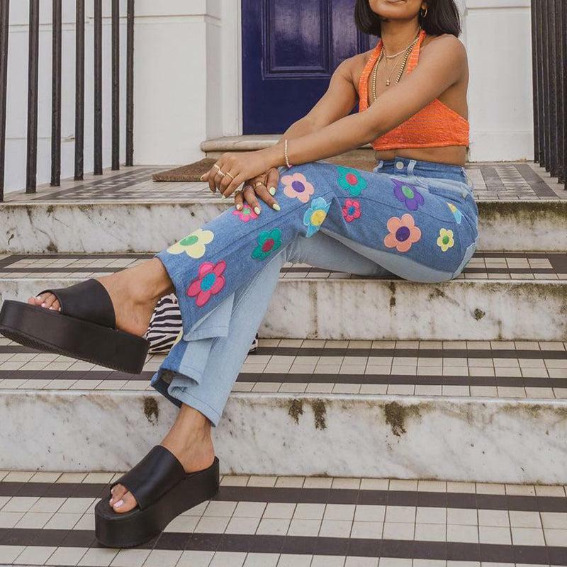Y2K Grunge Hippie Flower Patch Flare Jeans - Retro 90s Summer Outfit for Women