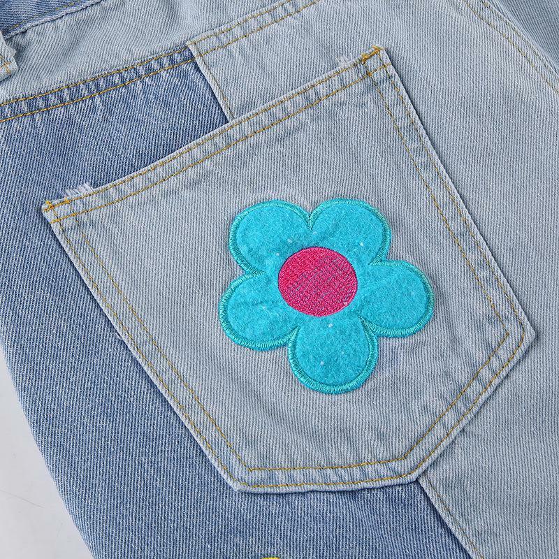 Y2K Grunge Hippie Flower Patch Flare Jeans - Retro 90s Summer Outfit for Women