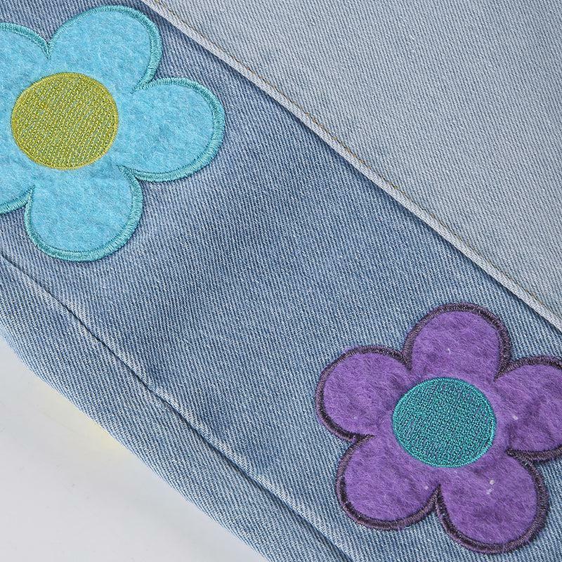 Y2K Grunge Hippie Flower Patch Flare Jeans - Retro 90s Summer Outfit for Women