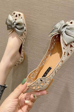 Y2K Grunge Hollow Out Flats - Knit Fabric Bow Shoes for Retro 90s Summer Outfits