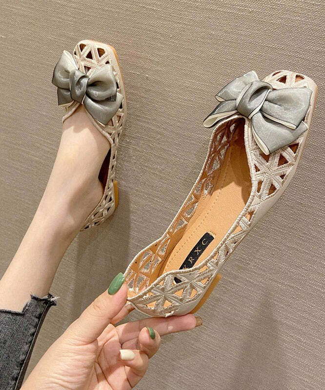 Y2K Grunge Hollow Out Flats - Knit Fabric Bow Shoes for Retro 90s Summer Outfits
