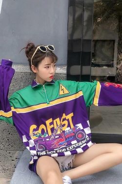 Y2K Grunge Hot Rod Windbreaker Top - Retro 90s Fashion, Summer Y2K Outfits, Pastel Goth Style