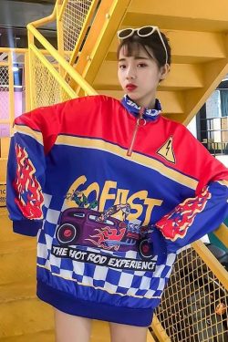Y2K Grunge Hot Rod Windbreaker Top - Retro 90s Fashion, Summer Y2K Outfits, Pastel Goth Style