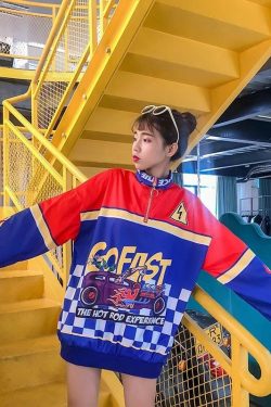 Y2K Grunge Hot Rod Windbreaker Top - Retro 90s Fashion, Summer Y2K Outfits, Pastel Goth Style