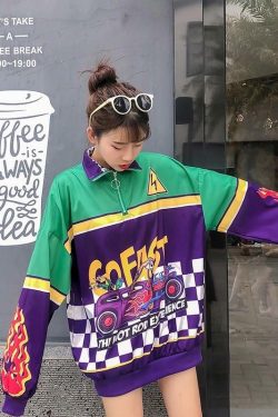 Y2K Grunge Hot Rod Windbreaker Top - Retro 90s Fashion, Summer Y2K Outfits, Pastel Goth Style