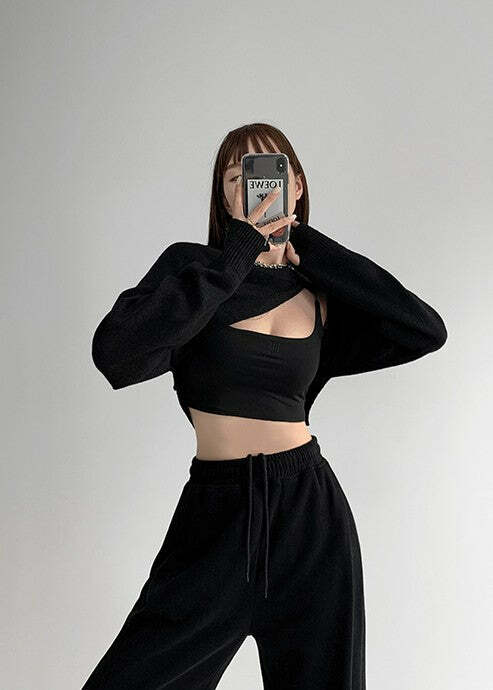 Y2K Grunge Irregular Cut Long-Sleeved Bolero Top - Retro 90s Summer Fashion for Women