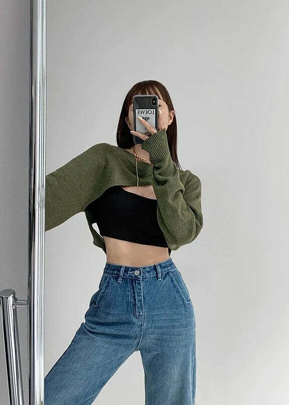 Y2K Grunge Irregular Cut Long-Sleeved Bolero Top - Retro 90s Summer Fashion for Women