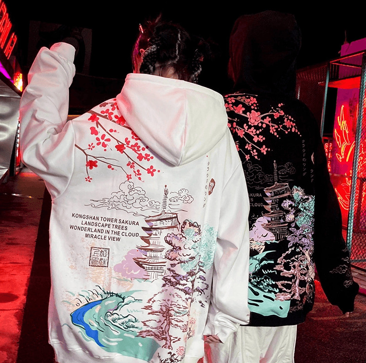 Y2K Grunge Japanese Landscape Hoodie - Retro 90s Fashion, Summer Y2K Outfits, Pastel Goth Style
