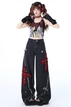 Y2K Grunge Jeans with Crosses - 90s Retro Style, Summer Outfits, and Gothic Y2K Fashion
