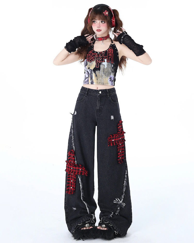 Y2K Grunge Jeans with Crosses - 90s Retro Style, Summer Outfits, and Gothic Y2K Fashion