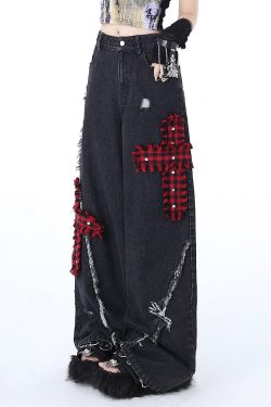 Y2K Grunge Jeans with Crosses - 90s Retro Style, Summer Outfits, and Gothic Y2K Fashion