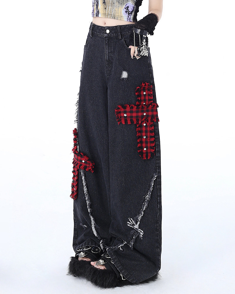 Y2K Grunge Jeans with Crosses - 90s Retro Style, Summer Outfits, and Gothic Y2K Fashion