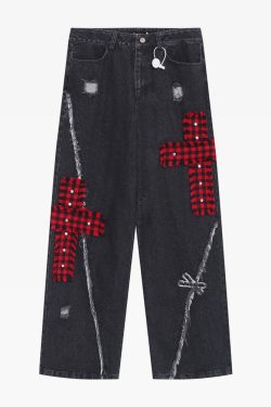 Y2K Grunge Jeans with Crosses - 90s Retro Style, Summer Outfits, and Gothic Y2K Fashion