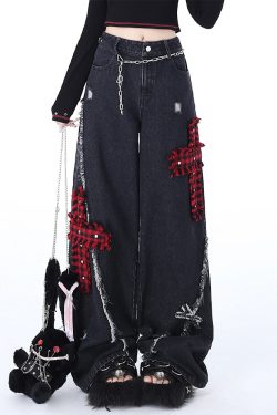 Y2K Grunge Jeans with Crosses - 90s Retro Style, Summer Outfits, and Gothic Y2K Fashion