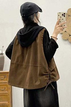 Y2K Grunge Khaki Hooded Zippered Patchwork Denim Vest - Retro 90s Sleeveless Summer Outfit