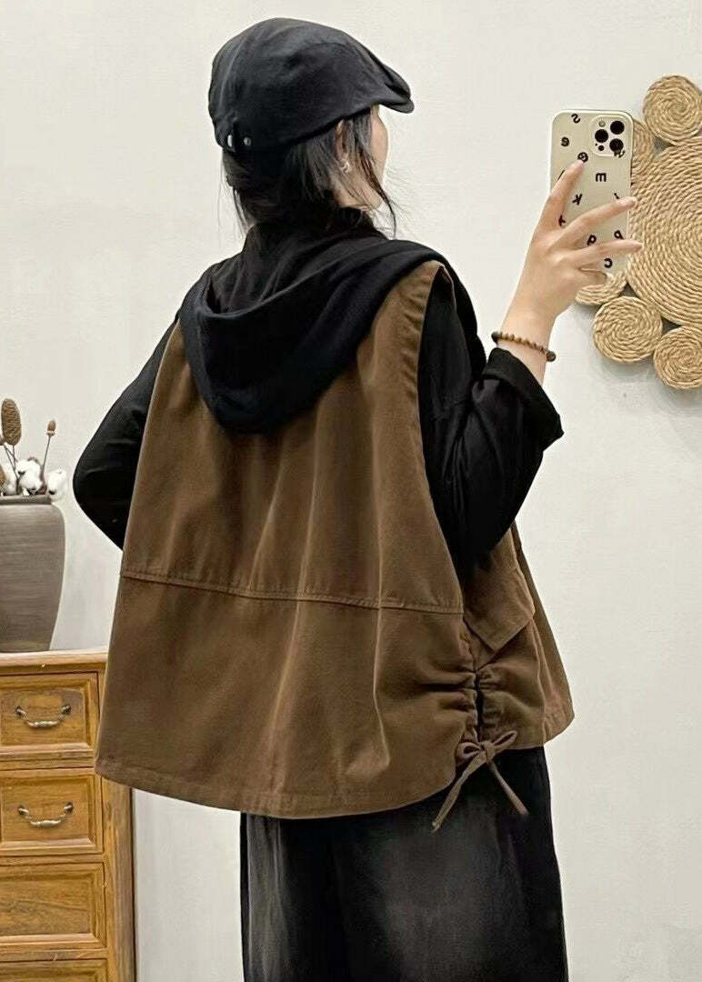 Y2K Grunge Khaki Hooded Zippered Patchwork Denim Vest - Retro 90s Sleeveless Summer Outfit