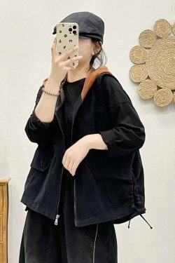 Y2K Grunge Khaki Hooded Zippered Patchwork Denim Vest - Retro 90s Sleeveless Summer Outfit