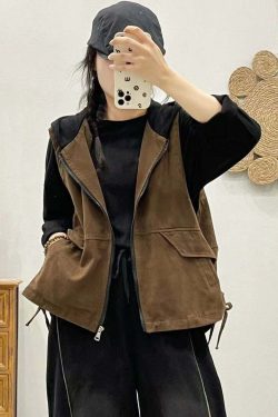 Y2K Grunge Khaki Hooded Zippered Patchwork Denim Vest - Retro 90s Sleeveless Summer Outfit