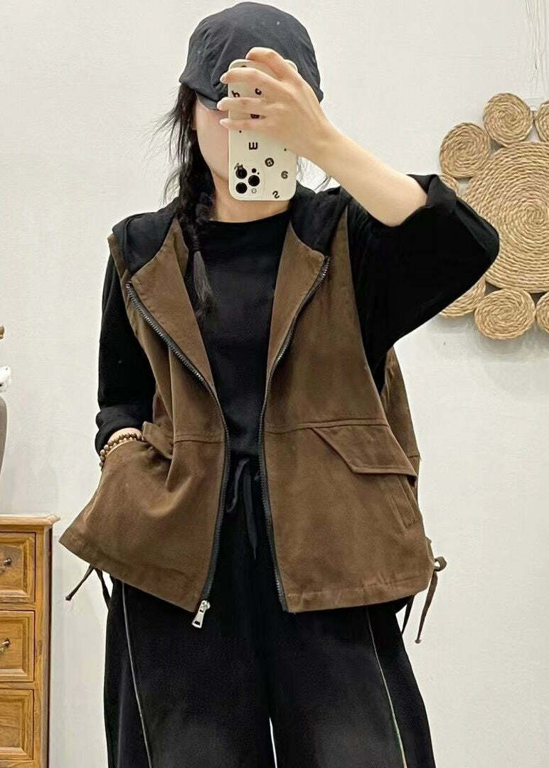 Y2K Grunge Khaki Hooded Zippered Patchwork Denim Vest - Retro 90s Sleeveless Summer Outfit