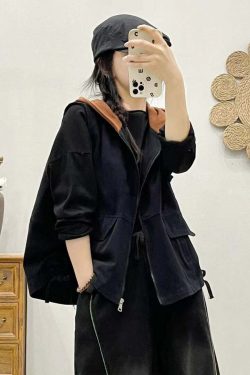Y2K Grunge Khaki Hooded Zippered Patchwork Denim Vest - Retro 90s Sleeveless Summer Outfit