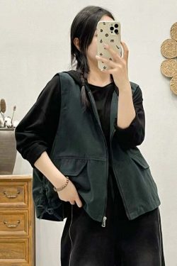 Y2K Grunge Khaki Hooded Zippered Patchwork Denim Vest - Retro 90s Sleeveless Summer Outfit
