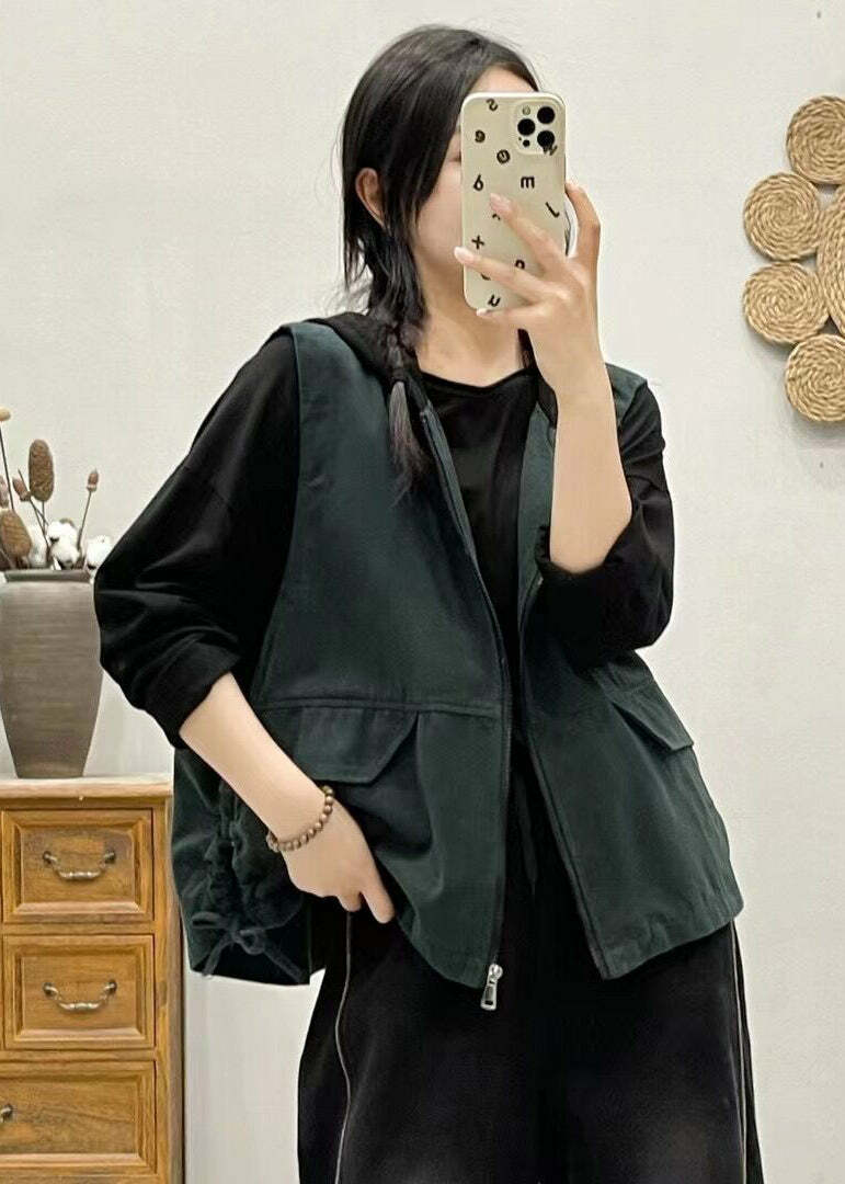 Y2K Grunge Khaki Hooded Zippered Patchwork Denim Vest - Retro 90s Sleeveless Summer Outfit