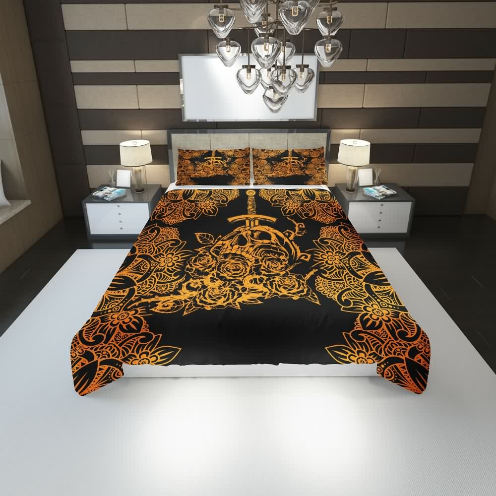 Y2K Grunge Knife in Skull Mandala Rose Duvet Cover Set - Retro 90s Goth Summer Bedding