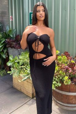 Y2K Grunge Knit Maxi Dress - Retro 90s Summer Outfit, Pastel Goth, Y2K Party Fashion