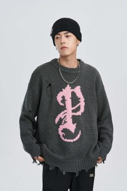 Y2K Grunge Knit Sweater - Retro 90s Fashion, Summer Y2K Outfits, Pastel Goth Style