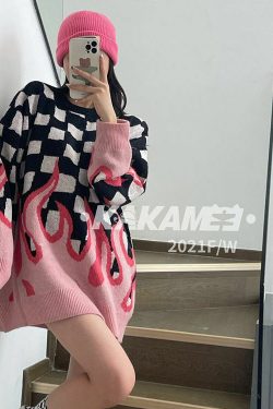 Y2K Grunge Korean Streetwear Flame Sweater - Black Pink Retro 90s Fashion Outfit