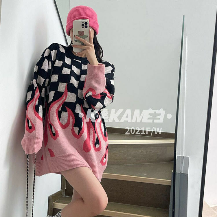 Y2K Grunge Korean Streetwear Flame Sweater - Black Pink Retro 90s Fashion Outfit