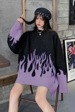 Y2K Grunge Korean Streetwear Flame Sweater - Black Purple Retro 90s Fashion Outfit