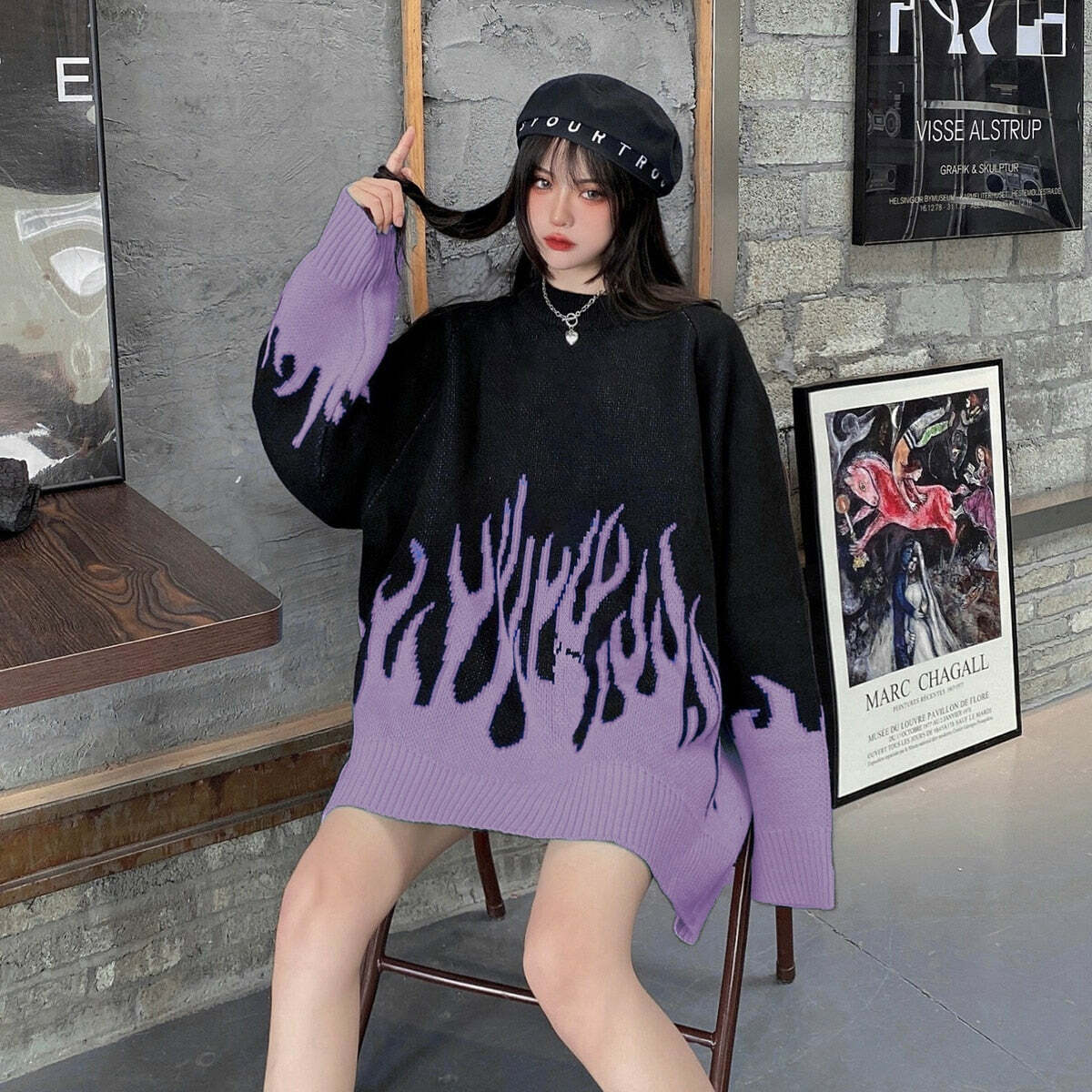 Y2K Grunge Korean Streetwear Flame Sweater - Black Purple Retro 90s Fashion Outfit