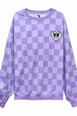 Y2K Grunge Kuromi Purple Checker Sweatshirt - Retro 90s Fashion, Pastel Goth, Y2K Outfits